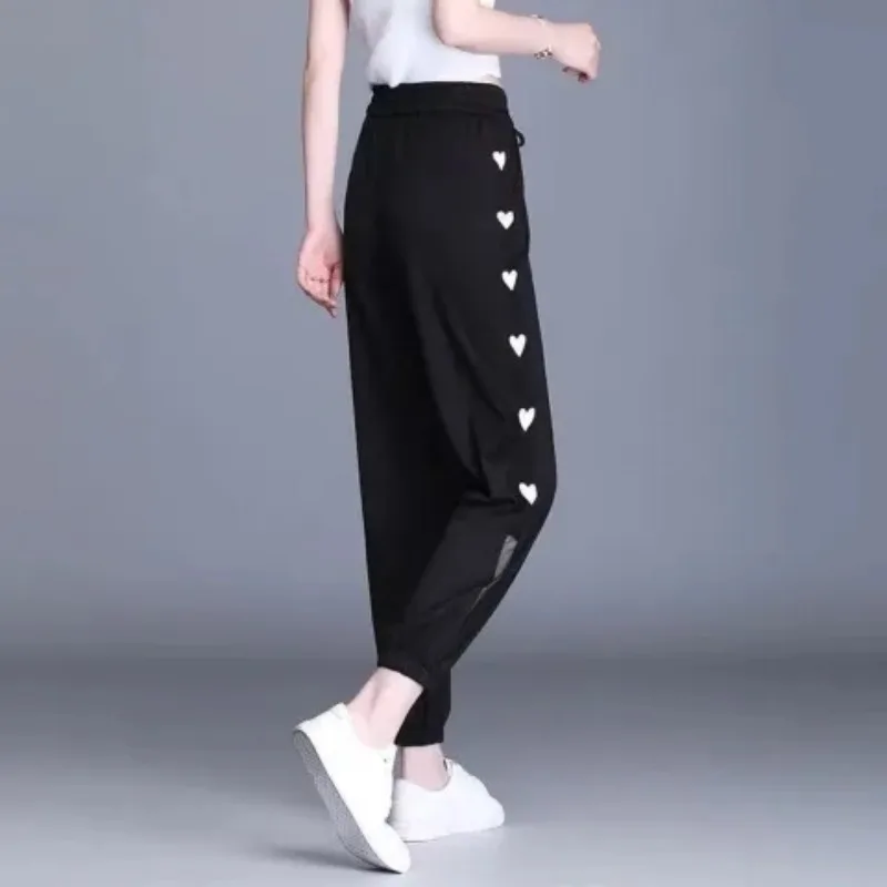 Women's 2024 Mesh Summer New Thin Elastic High Waist Panel Pocket Ice Silk Casual Conditioning Quick Drying Harlan Sports Pants