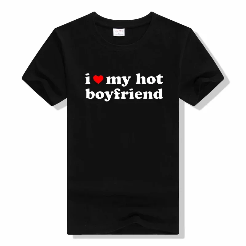 

Футболка с надписью «I Love Heart My Hot бойфренд» на День святого Валентина, подарок для пары, забавная хлопковая уличная одежда, футболка с коротким рукавом, модные футболки