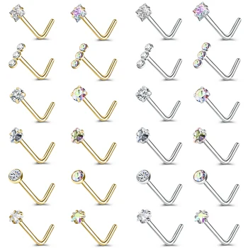 ZS 3-4Pcs/lot Gold Color Stainless Steel Nose Stud Set Heart Star Round Crystal Nose Piercing L Shape Nostril Piercing 18g/20g 1