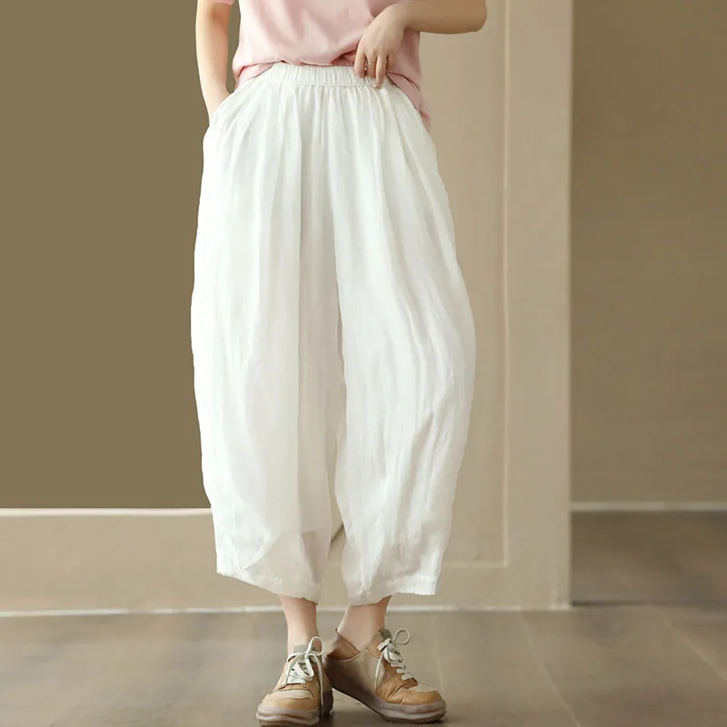 

NINI WONDERLAND 2023 Summer Elastic Waist Pure Color Ramie Harem Pants Women Thin Casual Calf Length Pants Female Vintage Pants