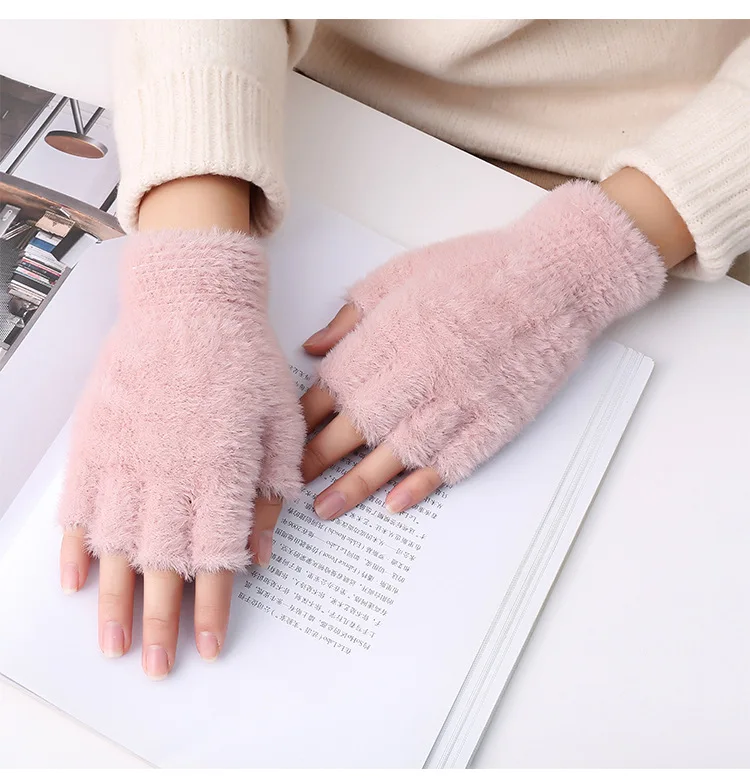 Lovely Fluffy Plush Fingerless Gloves Students Write Type Women Mink Soft Winter Warm Half Fingers Gloves Girls Knitted Mittens