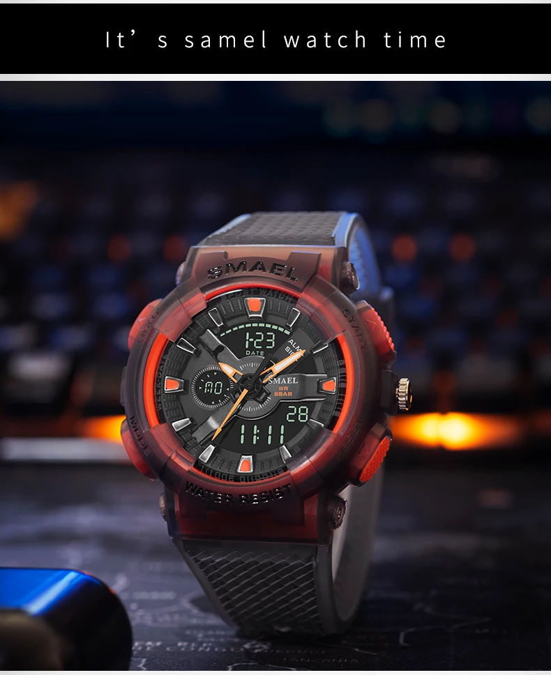 SMAEL New 8006 Man Sport Watch Alarm Military Stopwatch LED Digital Back Light Dual Time Display Wristwatch For Men Father Gift
