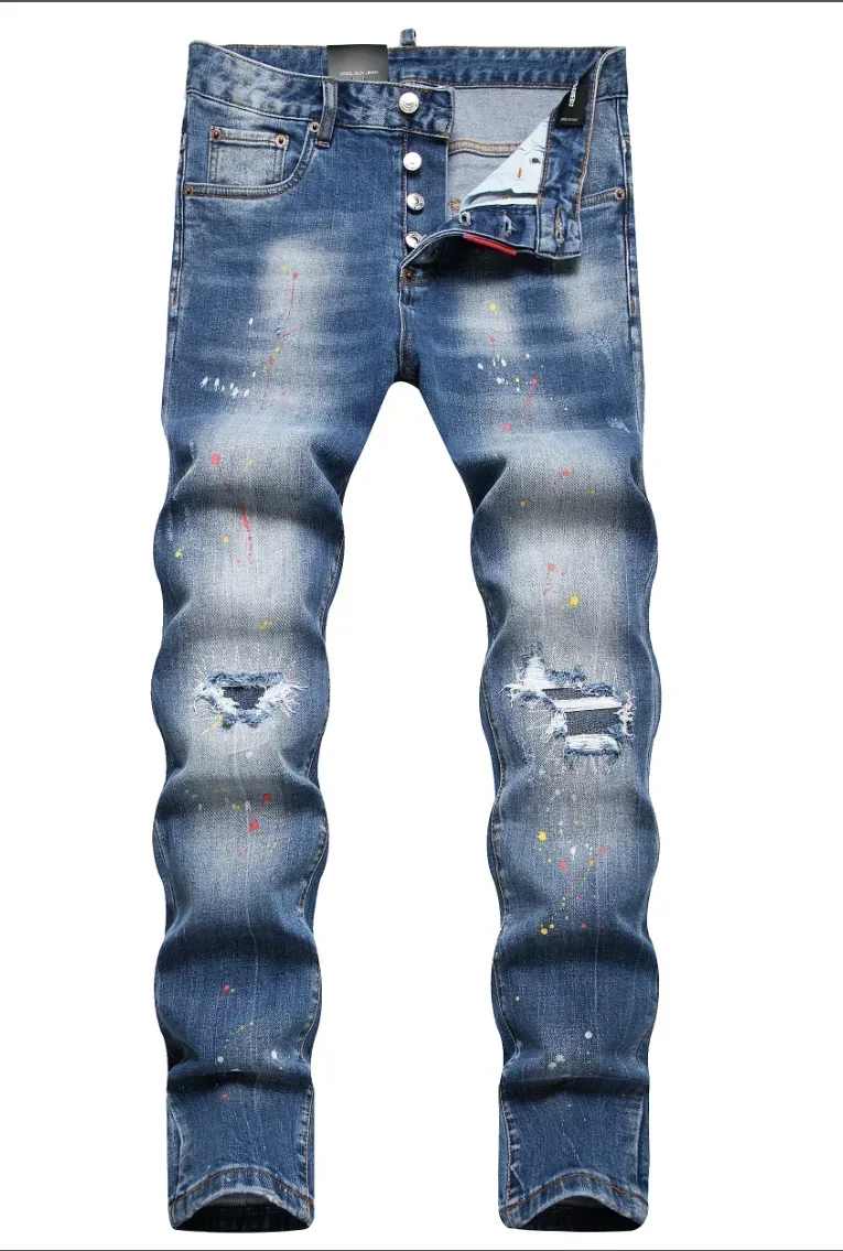New Men's Ripped Jeans Luxury Men Skinny Jeans Light Blue Holes Pants Quality Male Stretch Slim Fashion Trousers Y2k Mens Jeans 2