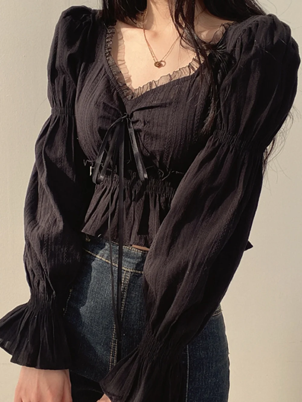 rurumu: puff sleeve lace over blouse（Chiffon Blouse Women