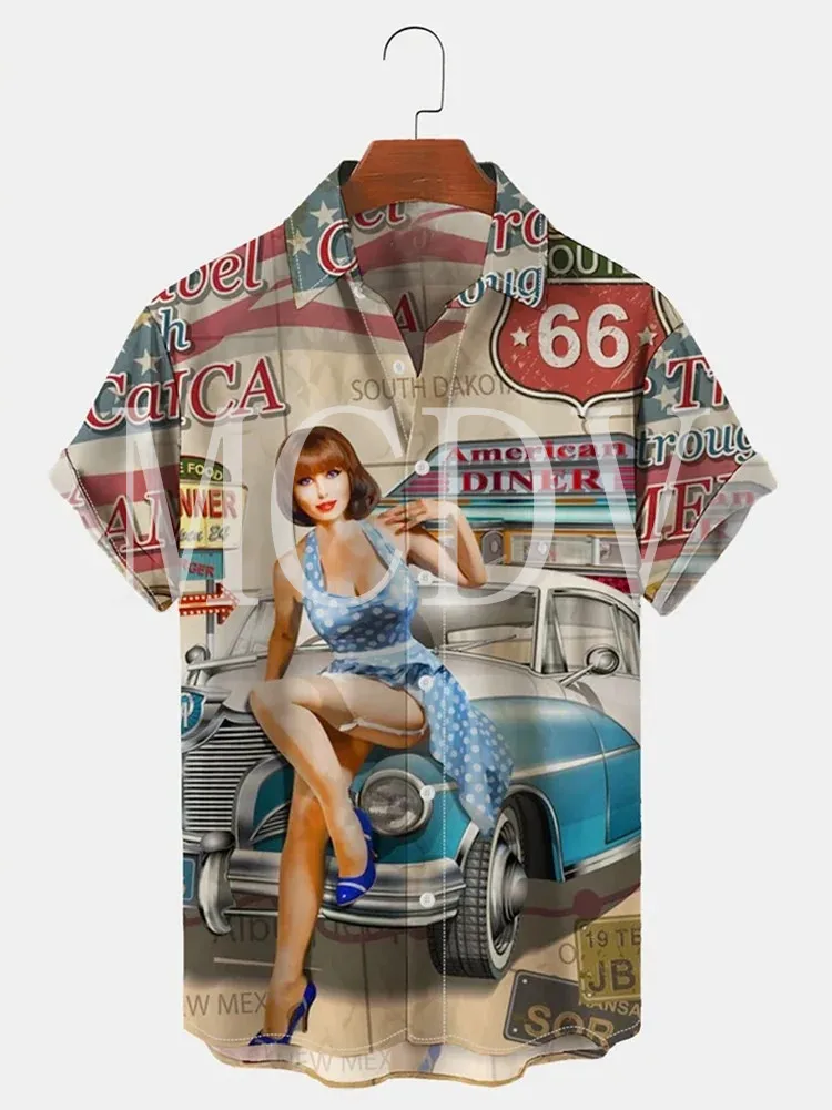 Royaura 50’S Nostalgic Map Men's For Women's Hawaiian Shirts Vintage Car California Bear Art Oversized Stretch Button Shirts