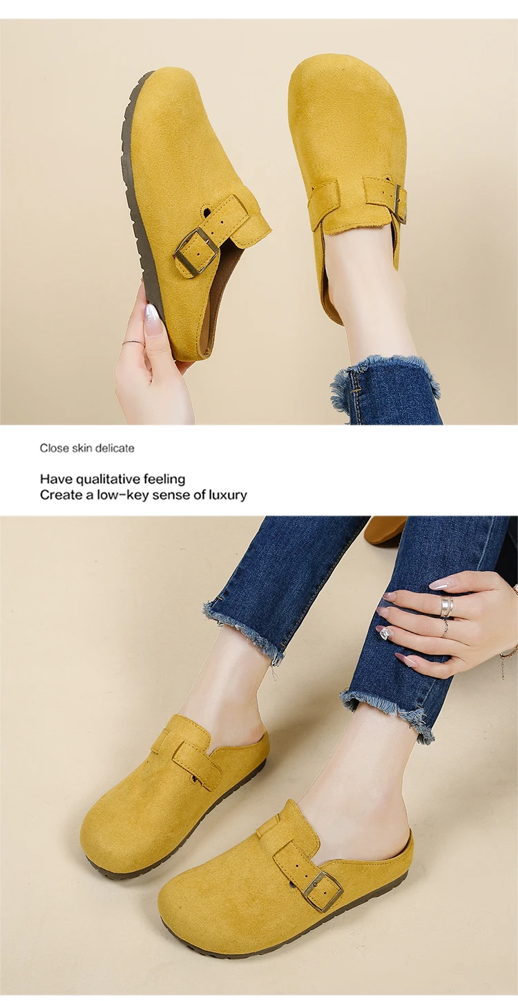 Women's Retro Suede Clogs With Buckle Slip-on Mules Flat Sandals_voghion.com
