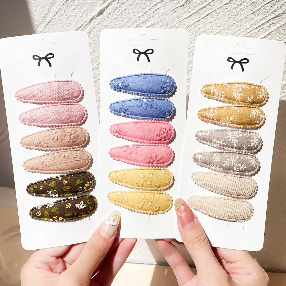6Pcs/Set Fashion Girls Hair Accessories Sweet Embroidered Print Clips for Kids Waterdrop Shape Hairpins BB Barrettes Headwear