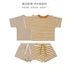 Infant Set 2022 Summer Boys and Girls Short Sleeve Shorts Waffle Round Neck Stripe Two Piece Set Newborn Baby Girl Clothes 2