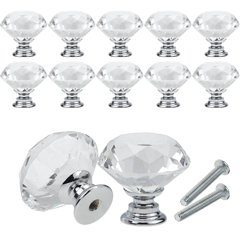 Diamond Shape Crystal Cabinet Pulls 10Pcs/Set 30mm Cupboard Drawer knob Kitchen Cabinet Door Wardrobe Handles Furniture Hardware