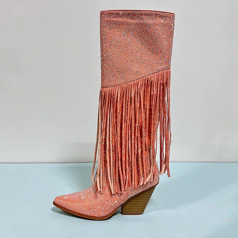 

Arden Furtado 2023 Spring Fashion Sheep suede Pointed Toe Women's Chunky heels Crystal Side zipper Tassels Knee High Boots