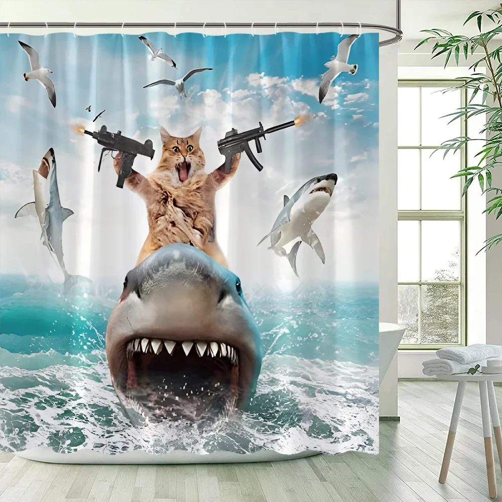 Funny Shower Curtains shower curtains Cat Riding Shark Ocean Birds Sea Waves for Kids Bathroom
