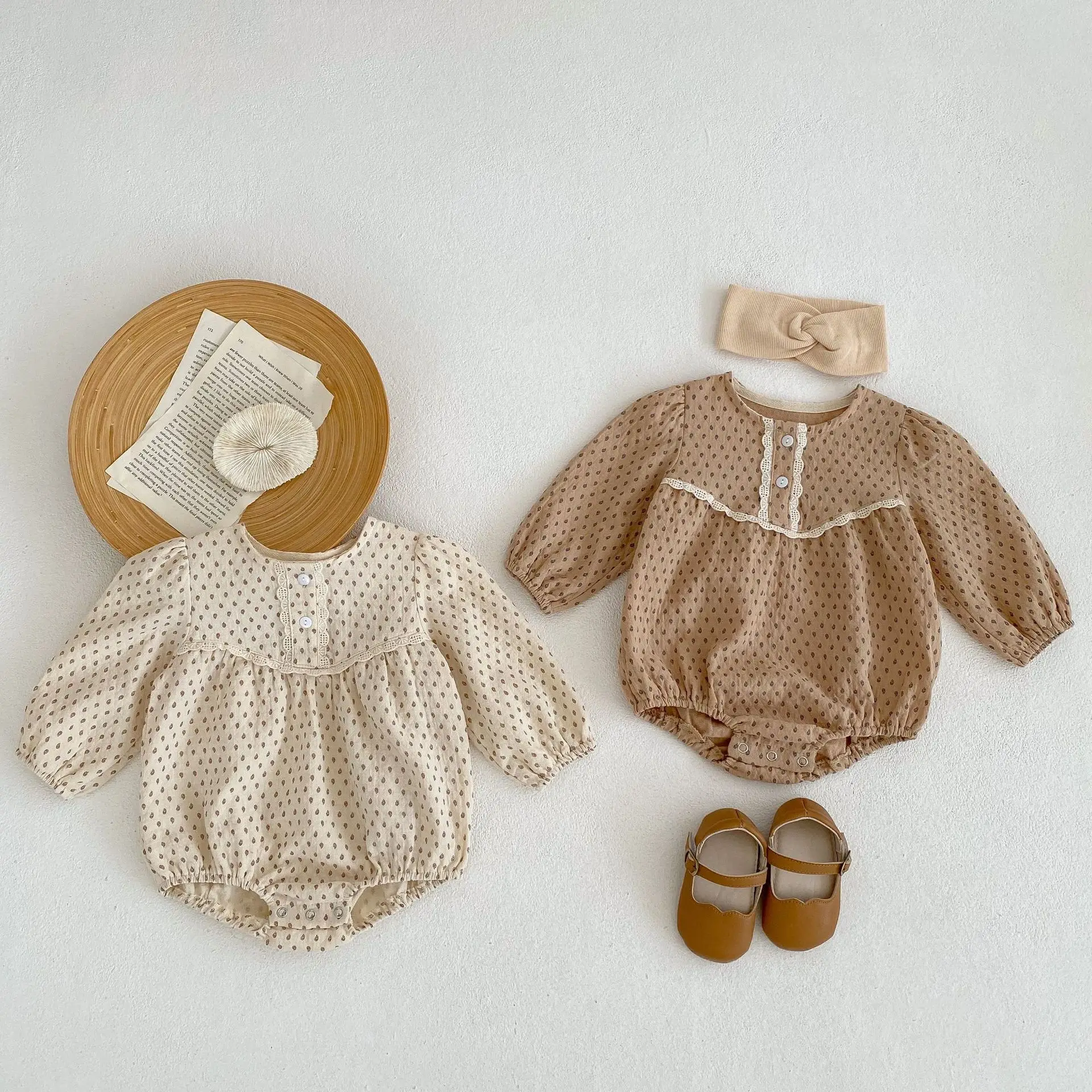 

2023 Newborn Baby Girls Cotton Bodysuits Floral Print Round Collar Lace Long Sleeve Jumpsuit Infant Toddler Girls Spring Clothes