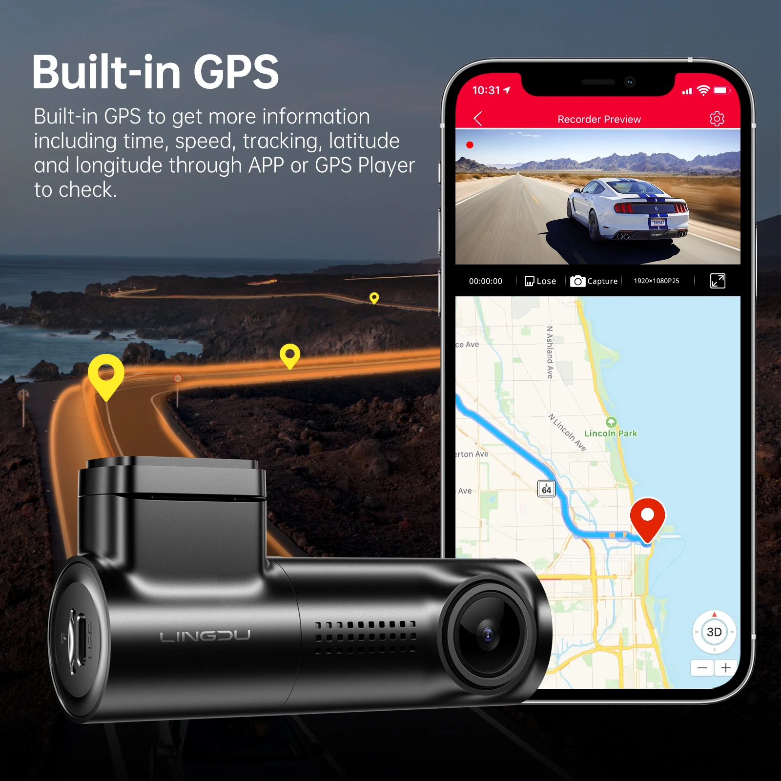 LINGDU D100 차량 카메라 비디오 녹음기 대시 캠, 1440P 차량 DVR 와이파이 내장, GPS 음성 제어, 24 시간 주차 모니터, 야간 투시경, 2K