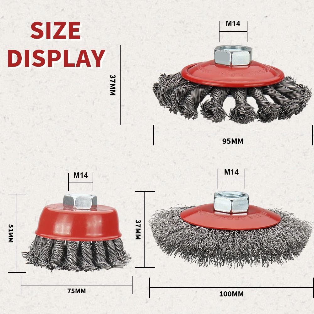 Ruota in filo di acciaio ritorto M14 spazzola forte vernice rimuovere la sbavatura rotante del nodo di torsione 75mm/95mm/100mm per smerigliatrice angolare in metallo