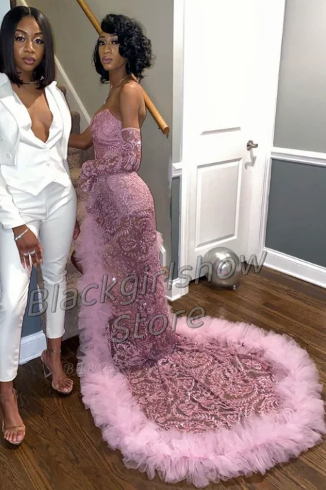 Peach Pink Long Evening Prom Dress For Black Girls Sparkling Crystal Diamond High Slit Feather Birthday Customised Dresses gala