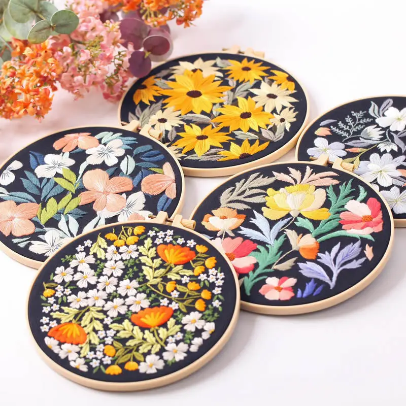 Colorful Flower Embroidery Kit Stamped Cloth Needles EN Instructions Thread Present DIY Adults Students