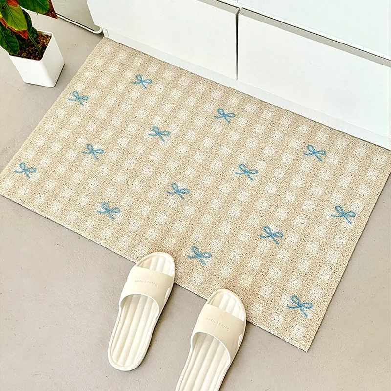 Plaid Bow Knot Door Mat Korean Ins Waterproof Carpet Anti Slip Resistant To Dirt Silk Ring Mat PVC Bathroom Kitchen Carpet