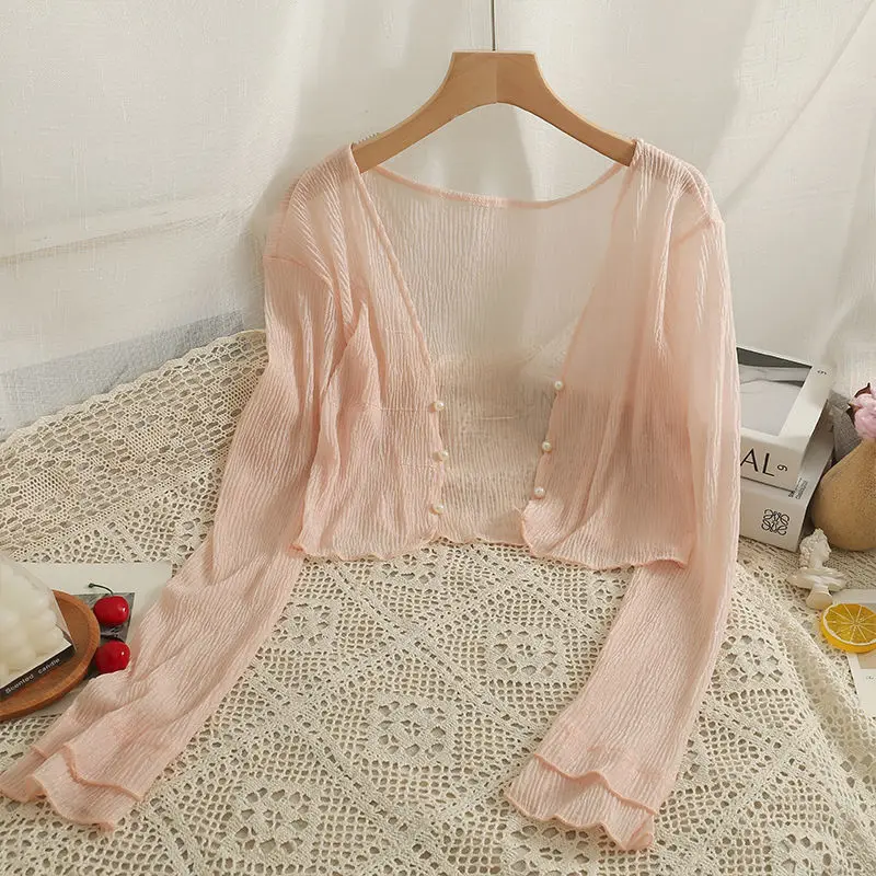Summer Thin Chiffon Cardigan Women Fashion Solid Color Long-sleeved Single Breasted Office Lady Basic Daily Short Blouse Female