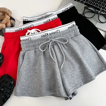 High Waist Drawstring Elastic Shorts Casual Sports Hot Pants Women's Summer New Letter Print Slimming Fake Two-Piece Pants 2