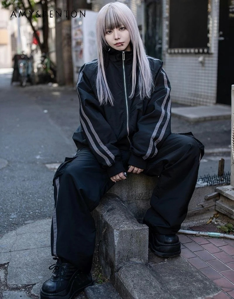 

Japanese Harajuku Street Mine Gothic Embroidery Oversized Jacket High Waist Casual Trousers Y2K Two Piece Sets Womens Outifits