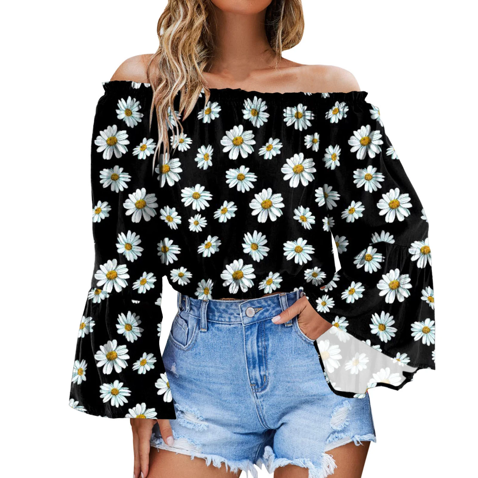 Women Summer Off The Shouler Crop Tops Long Bell Sleeve Ruffle Layer Tops Women Women's Sleeve White Blouse| | -