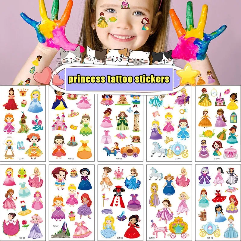 10 Pack Fake Tattoo Stickers Cartoon Temporary Tattoos Kids Arm Tattoos Kids Princess Girls Party Tattoo Stickers