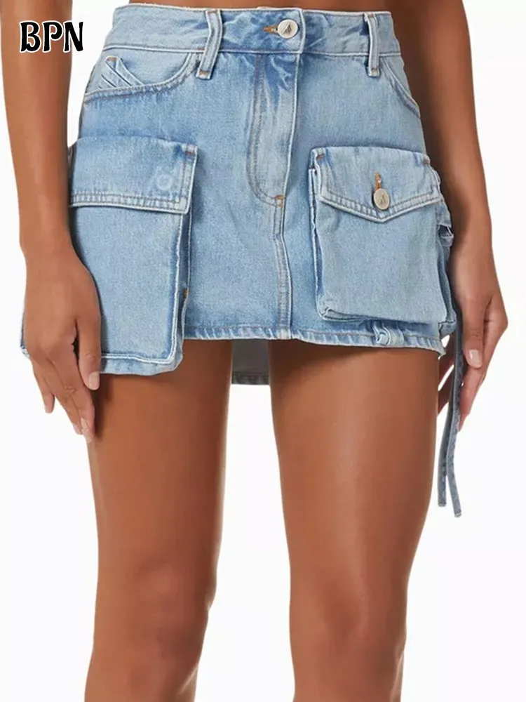 

BPN Patchwork Pockets Denim Skirts For Women High Waist Spliced Button Y2K Soild Slim Mini Skirt Female Fashion Summer Clothing