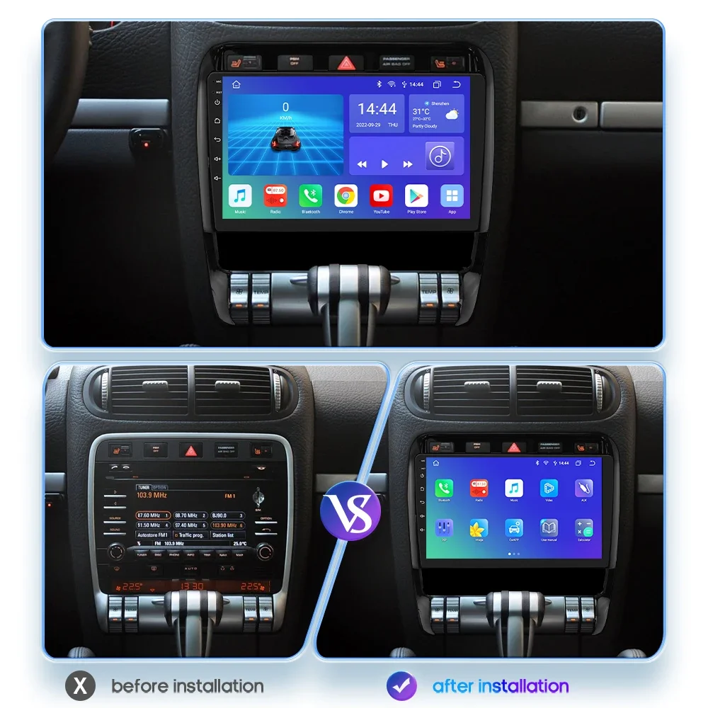 Autoradio Android 9" Pour Porsche Cayenne 2002-2010 - 2G+64G, Carplay/Android Auto Sans Fil, GPS, Bluetooth, WiFi (2 Din)