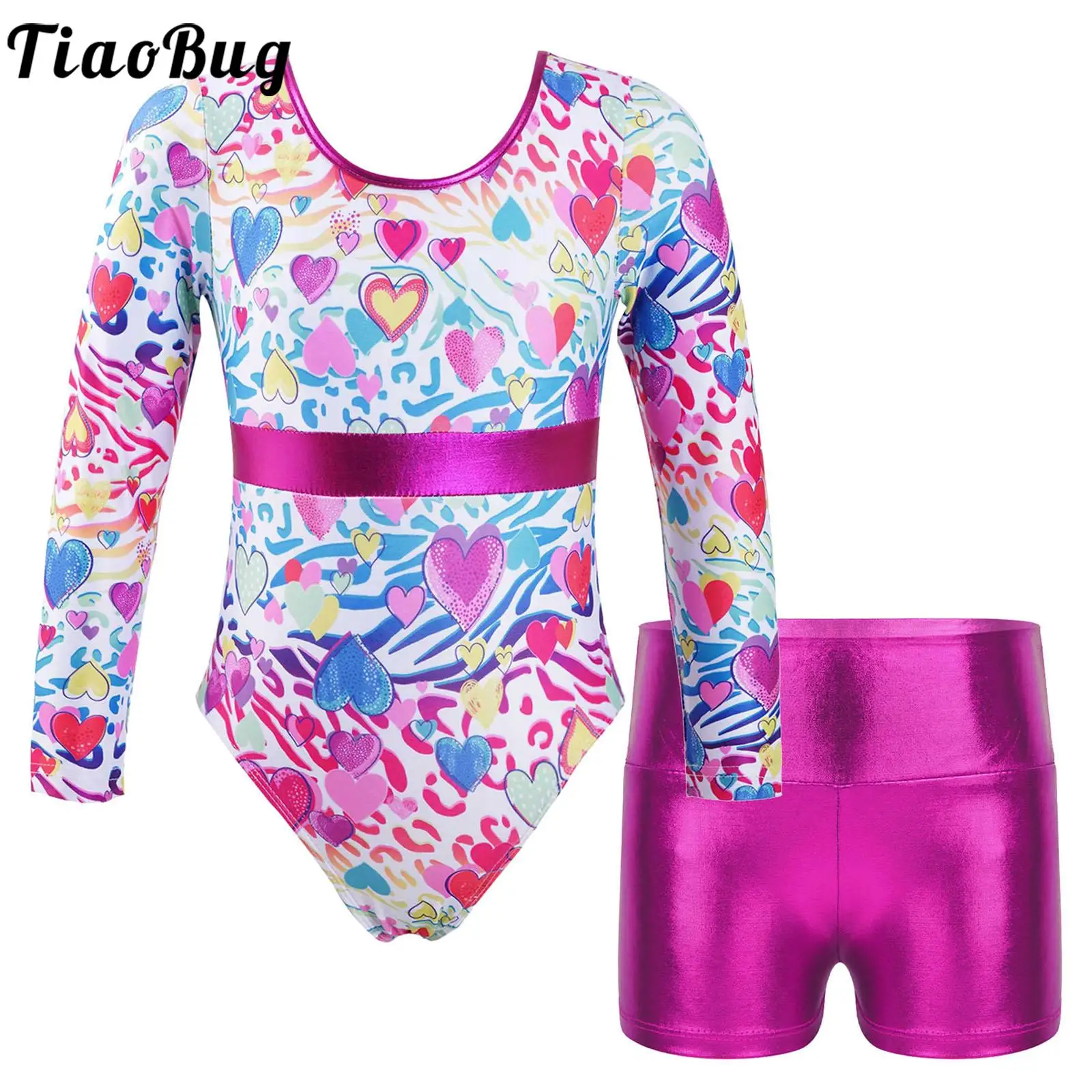 

Kids Girls 2 Piece Long Sleeve Leotard Gymnastics with Shorts Outfits Ballet Bodysuits Girl Athletic Biketard Unitards Dancewear