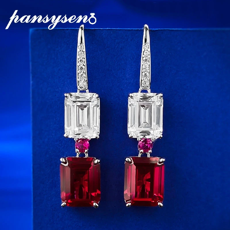 

PANSYSEN Vintage 925 Sterling Silver 8*10MM Emerald Cut Ruby High Carbon Diamond Gemstone Drop Earrings Party Women Fine Jewelry
