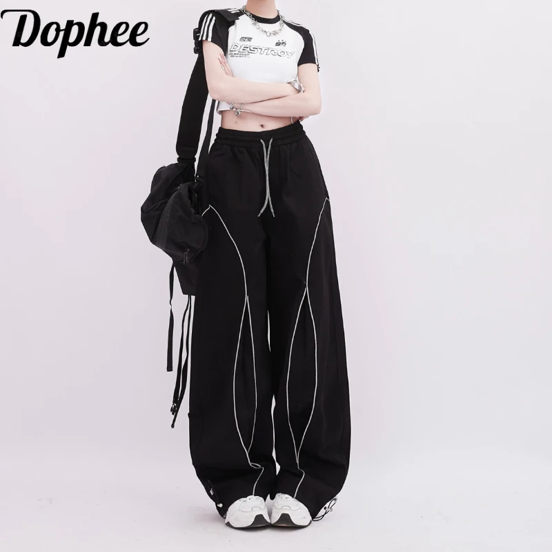 

Dophee Casual Women Trousers Original Retro Multi Pockets Reflective Stripe All-match Loose Elastic Waist Sport Dance Pants