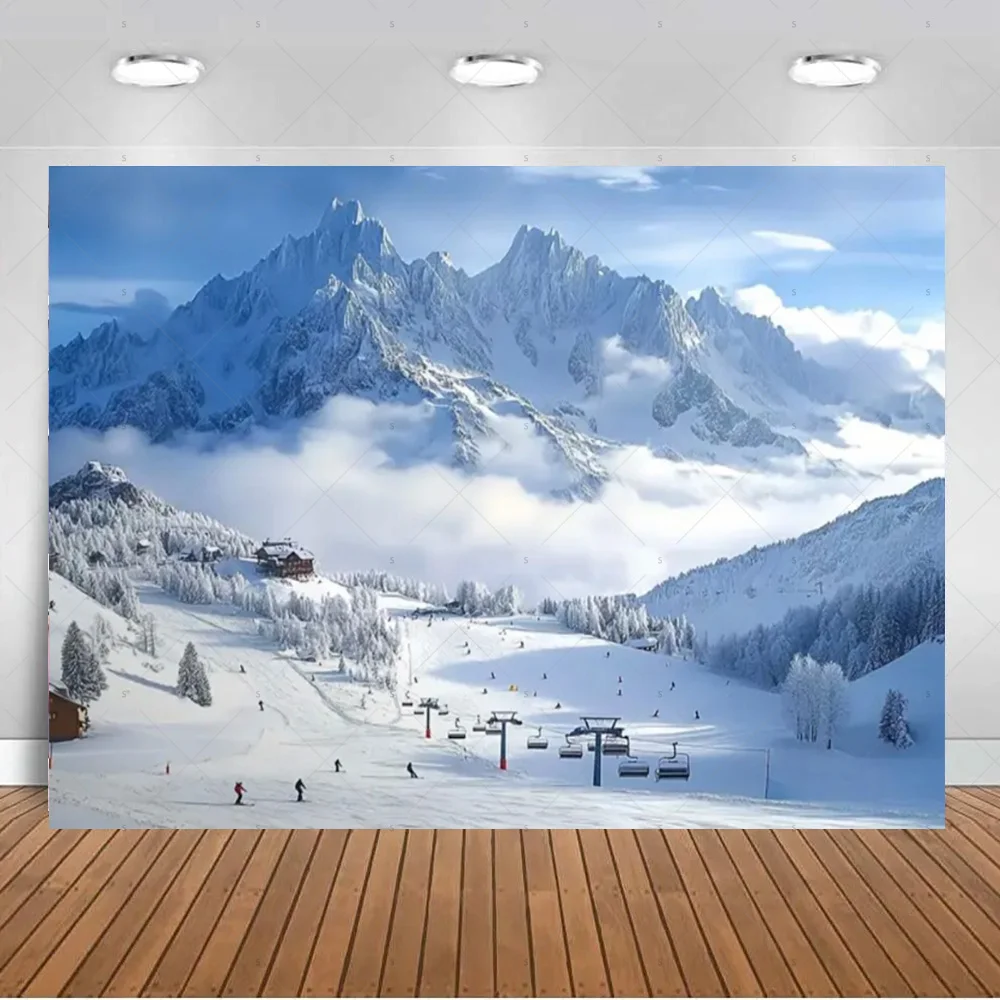 Snowy Mountain Ski Resort Fotografie Hintergrund Zubehör Kabel Auto Skifahren Szene Hintergrund Banner Winter Sport Party Dekoration – Detail 7