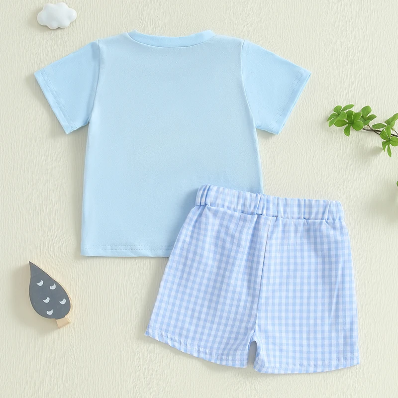 Baby Clothing Boy Summer Outfit Tractor Letter Embroidery Short Sleeve Tops Plaid Elastic Waist Shorts 2 Piece Set 3