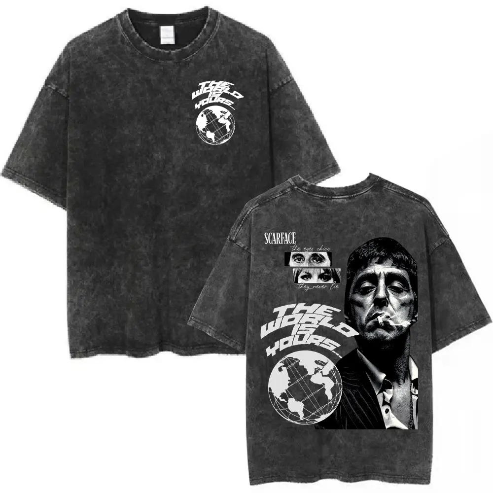 Film Scarface The World Is Yours Vintage Washed T-Shirt Tony Montana Al Pacino T-Shirts Herren Damen Kleidung Oversized T-Shirt