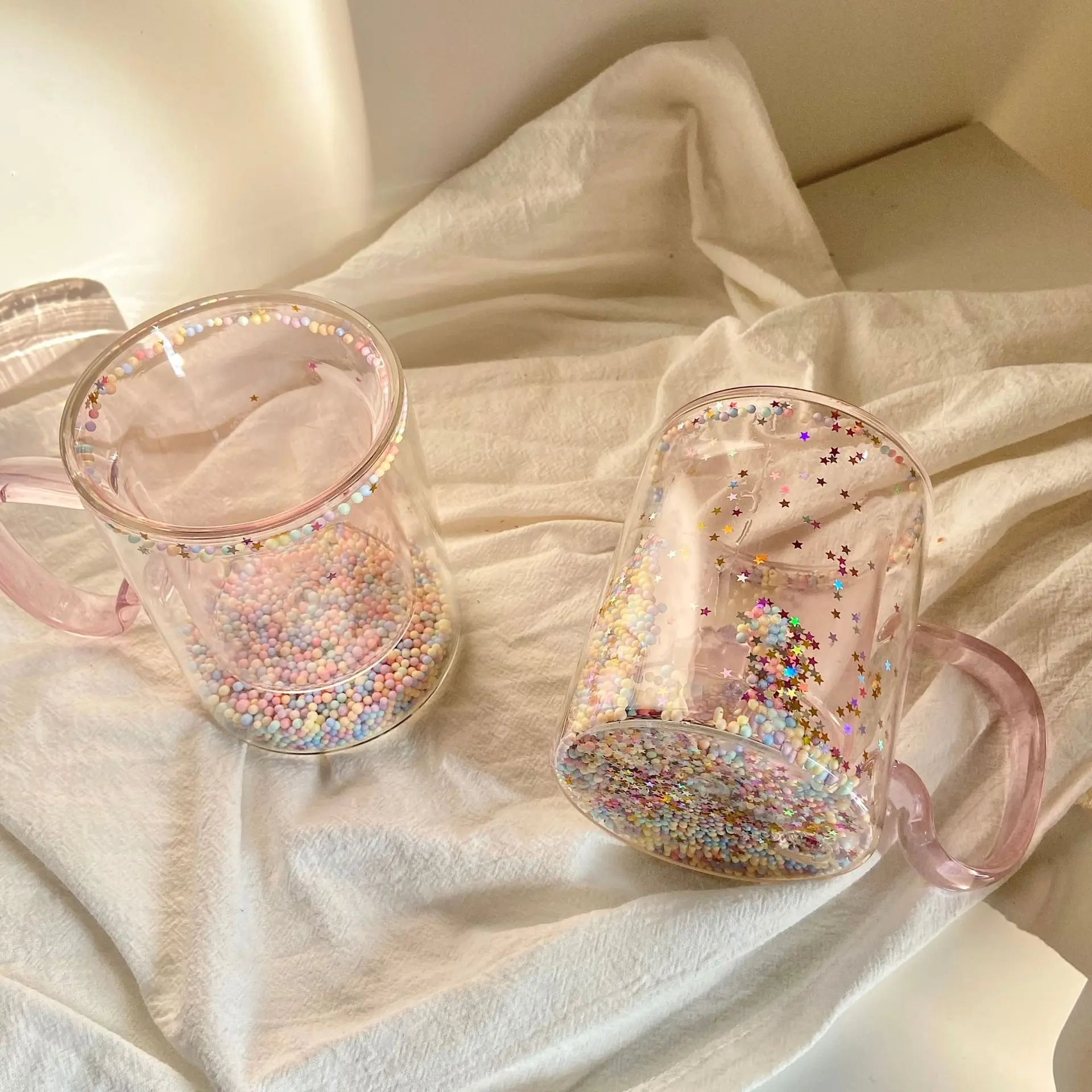 Girly Heart Bubble Mug Double Glass Cup Star Sequin Double Coffee Milk Cup Resistant Tropical Handle Gift Small Gift