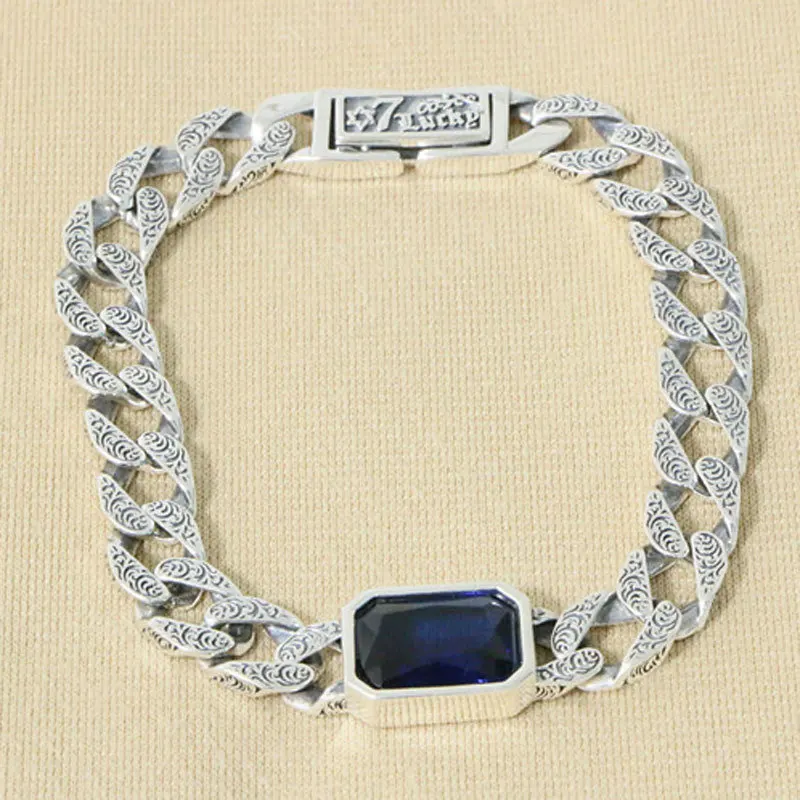 

Мужской и женский браслет в стиле панк из чистого серебра с сапфировым покрытием с изображением вечной виноградной травы, красивый ретро-браслет из тайского серебра