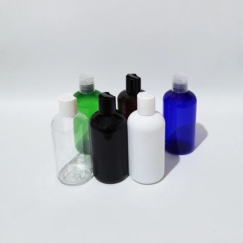샴푸 샤워 젤 액체 비누 화장품 팩용 플라스틱 디스크 탑 캡이 있는 250ml 빈 플라스틱 병 리필 가능 여행 병