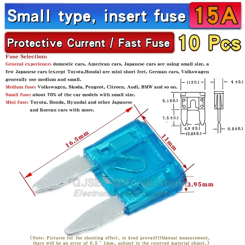 Assorted Miniature Medium-Small Amp Fuses Set - 10 pcs, 5A to 50A Range