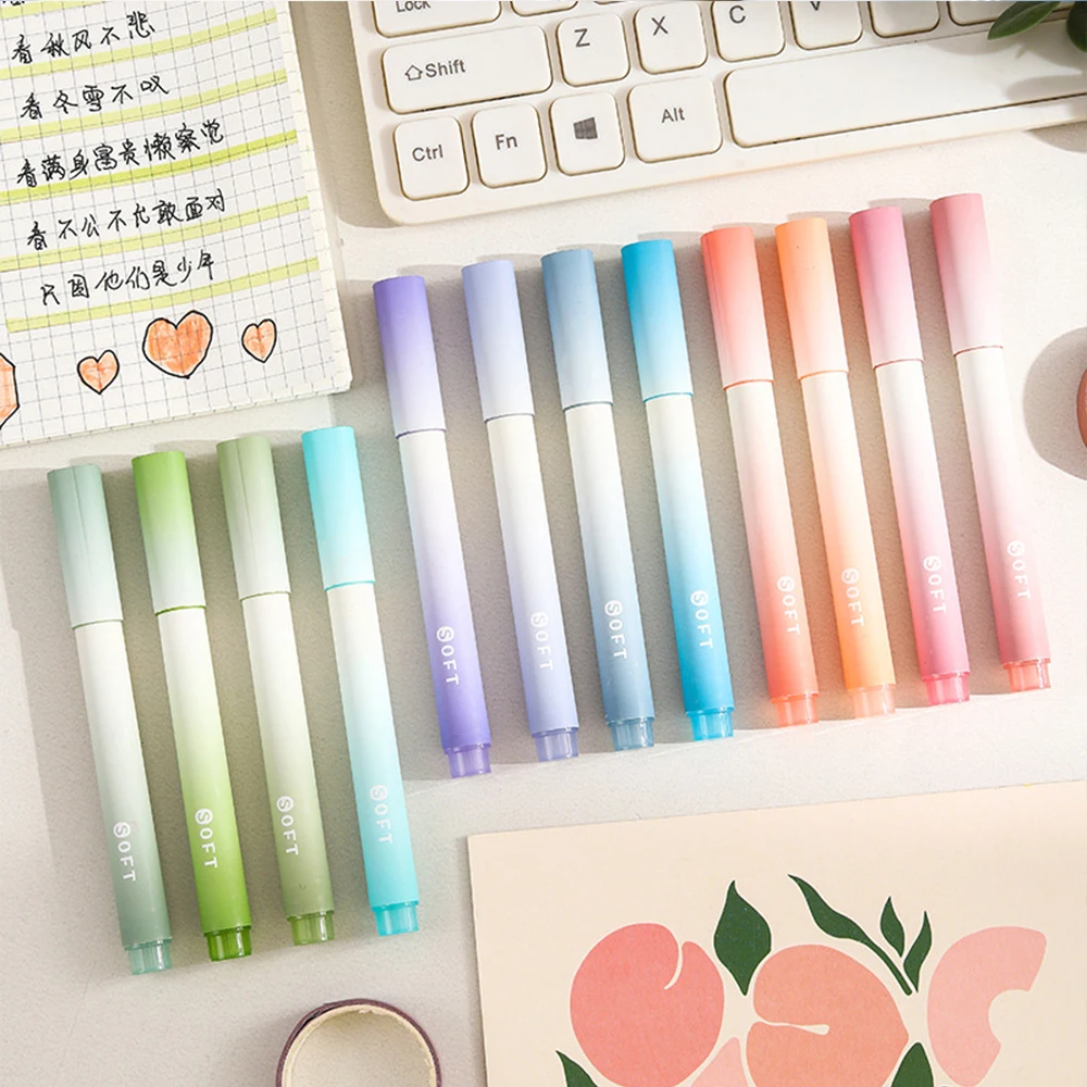 12Pcs Kawaii Color Makers Writing Drawing Cute Macaron Brush Pens Lettering Paint Graffiti School Art Supplies Stationery