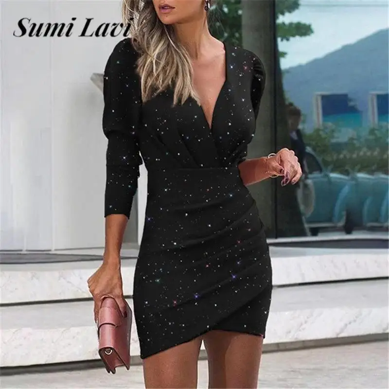 

Модное платье с V-образным вырезом и длинным рукавом, с запахом на бедрах, сексуальное женское Клубное платье в горошек, новинка 2023, осенние женские мини-платья с зауженной талией