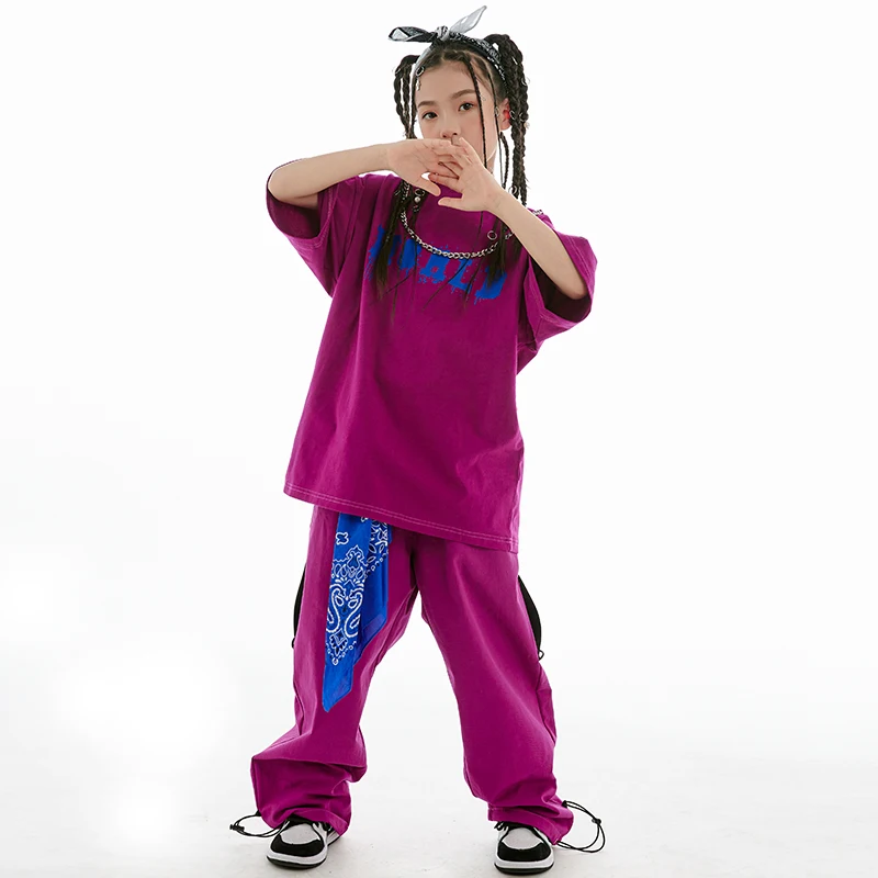 New Girls Jazz Dance Costume Short Sleeves Hip Hop Suit Summer Kids Loose Hip-Hop Performance Clothing Practice Wear BL10456