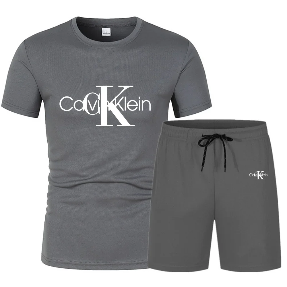 Men\'s new summer short sleeved set, round neck T-shirt+drawstring shorts two-piece set, letter print, fashionable casual sports