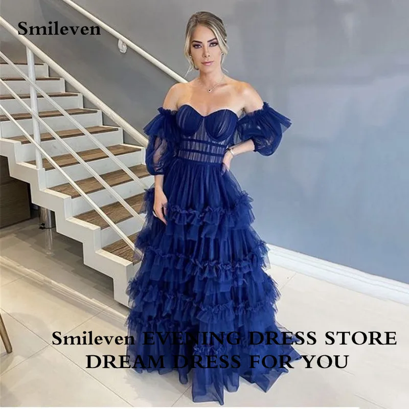 

Smileven Royal Blue Prom Gowns Tiered A Line Sweetheart Evening Dress Pleats Sleeveless Prom Party Dresses 2023