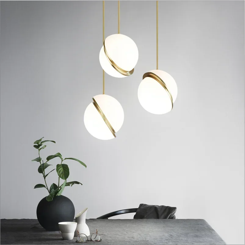 

New Nordic LED Pendant Lights Dining Table Decor Bedroom Restaurant Chandelier Fixtures Golden Hanging Lamp Ball Lampshade