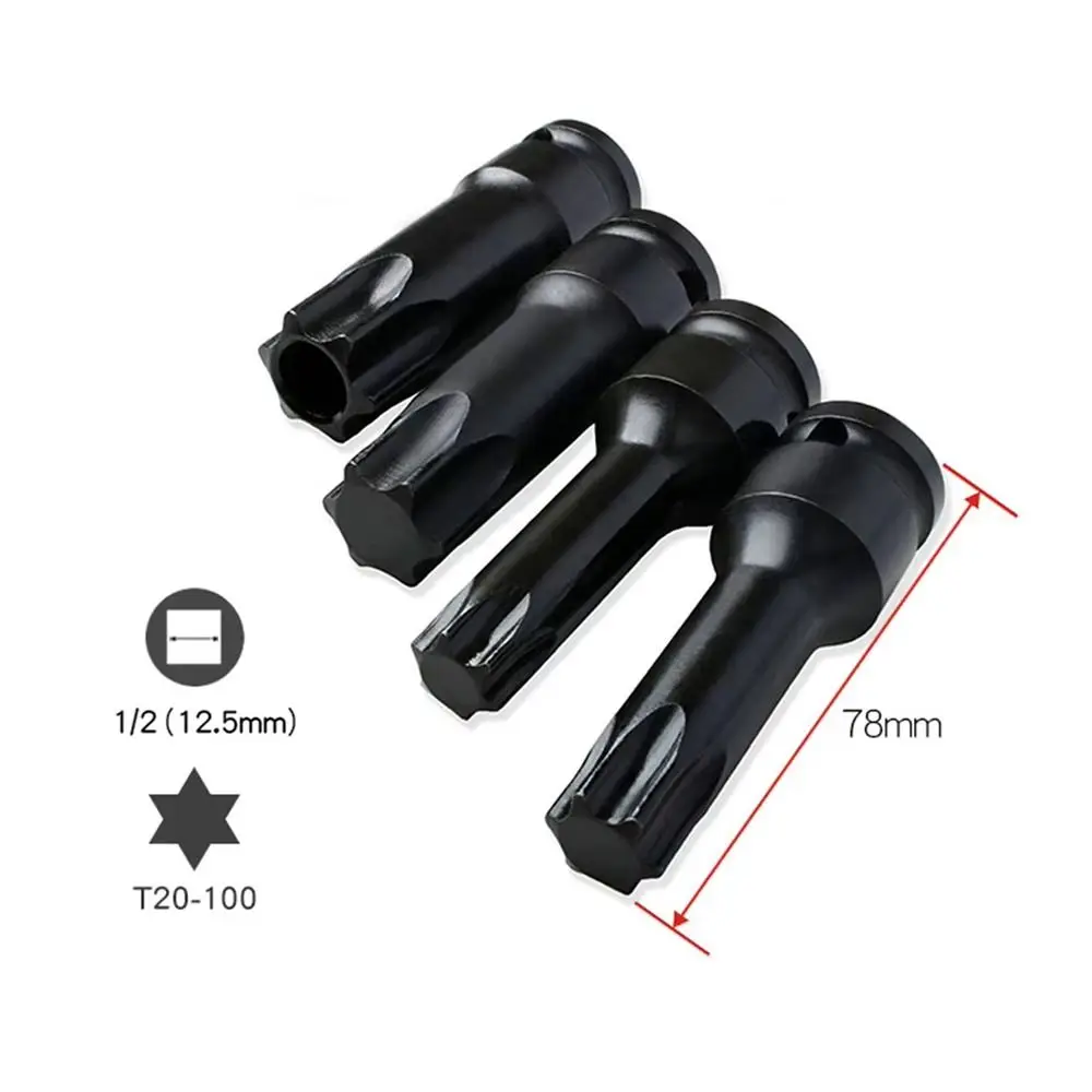 1Pcs Metric 1/2 Inch Shank Electric Drill Socket Adapter 78mm Length Long Bit Torx Socket T20-T100 Cr-Mo Steel Socket Wrench