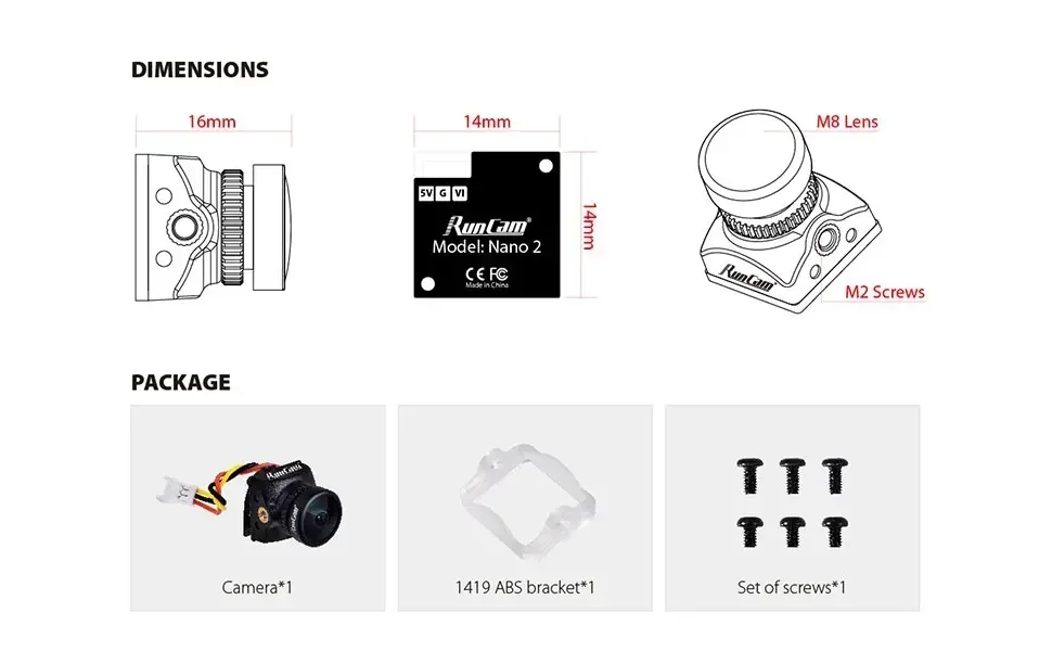 RunCam Nano 2 Caméra FPV 1.8mm 170° ou 2.1mm 155° pour Drone