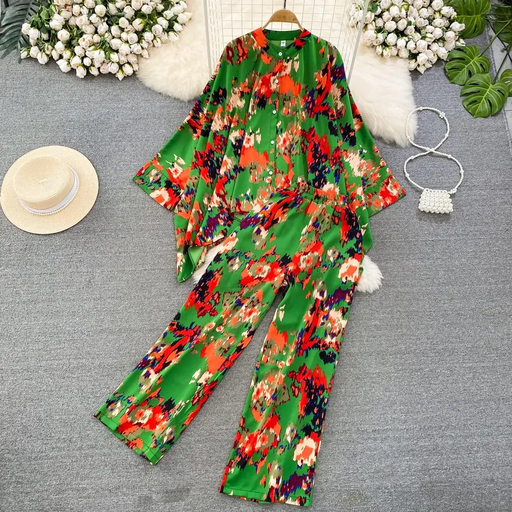 Fashion New Women Casual Loose Floral Trousers Suit Boho Elegant Maxi Shirts Blouses Wide-Leg Pantsuit Female Party Two Pieces two piece set summer new cotton print tops pants matching outfits sexy wide leg trousers suits elegant party africa 2 piece set