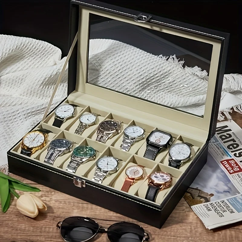 1pc Elegant Watch Storage,3/12-Compartment Showcase with Glass Top & Secure Locking Feature,High-Quality Faux Leather for Home