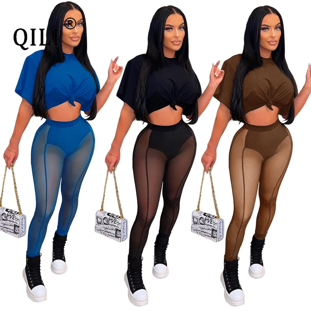 QILI-Women's Short Sleeve Top and Pants, Mesh Patchwork Jumpsuit, Slim, Sexy, Summer, 2 Pcs qili women s short sleeve top and pants mesh patchwork jumpsuit slim sexy summer 2 pcs