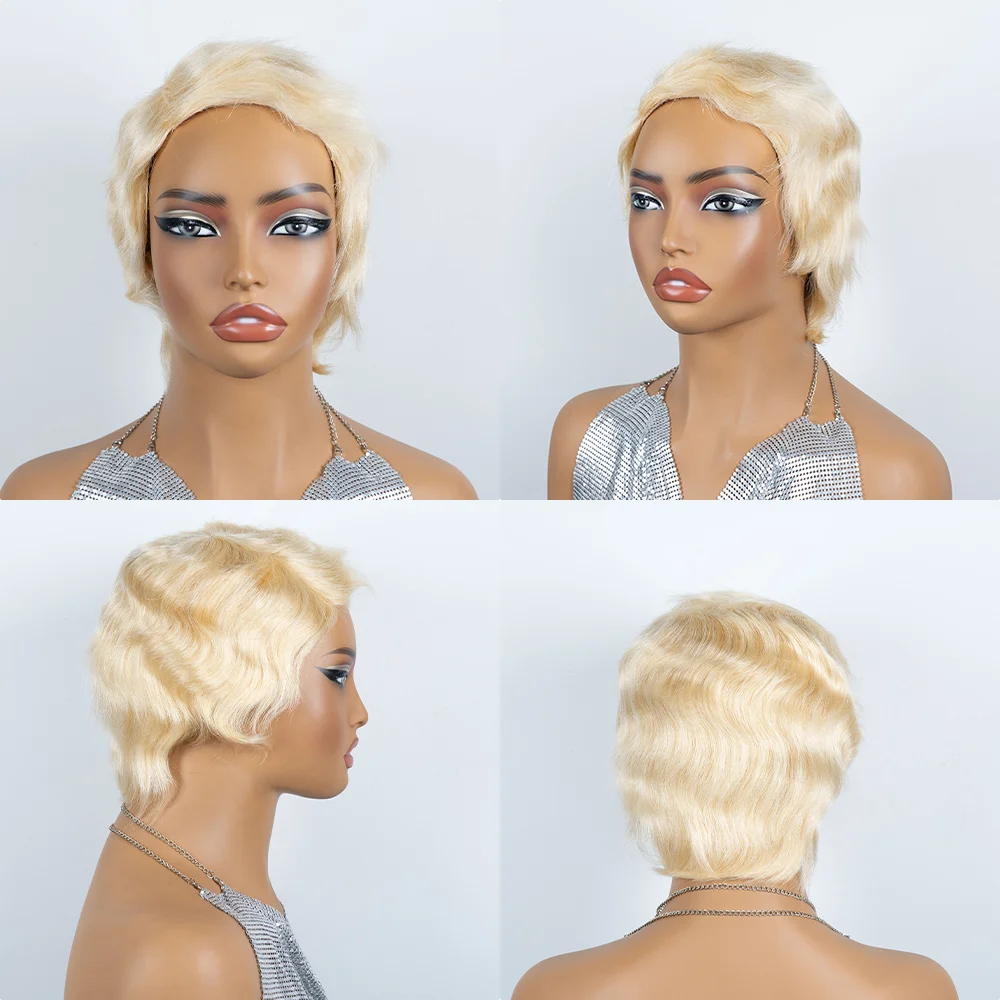 6 Inch Pixie Cut Human Hair Wig for Women, Short Blonde Color Straight Pixie Cut with Bangs, Full Machine-Made Rose Net Cap, Short Layered Wig Suitable for Holidays